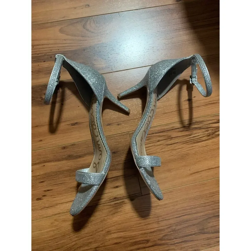 Women’s Sam Edelman Patti Ankle Strap Heeled Sandal Silver Sequin Size 8